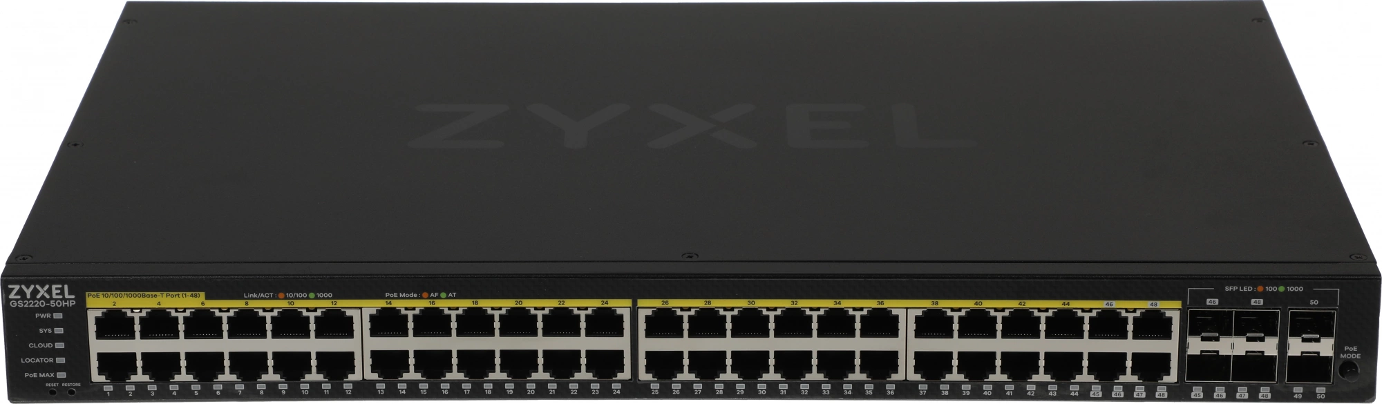 Zyxel NebulaFlex Pro GS2220-50HP, Гибридный L2 коммутатор PoE+ rack 19&quot;, 44xGE PoE+, 4xCombo (SFP/RJ-45 PoE+), 2xSFP, бюджет PoE 375 Вт, автономное/облачное управление