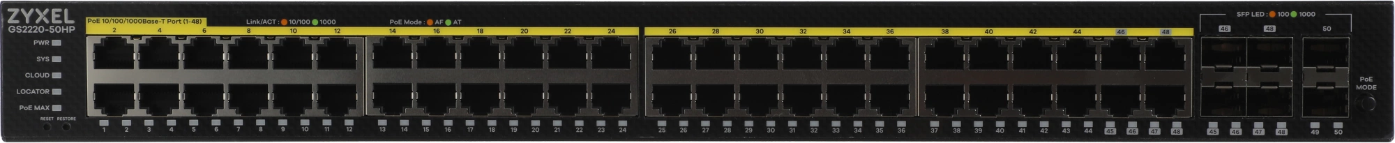Zyxel NebulaFlex Pro GS2220-50HP, Гибридный L2 коммутатор PoE+ rack 19&quot;, 44xGE PoE+, 4xCombo (SFP/RJ-45 PoE+), 2xSFP, бюджет PoE 375 Вт, автономное/облачное управление