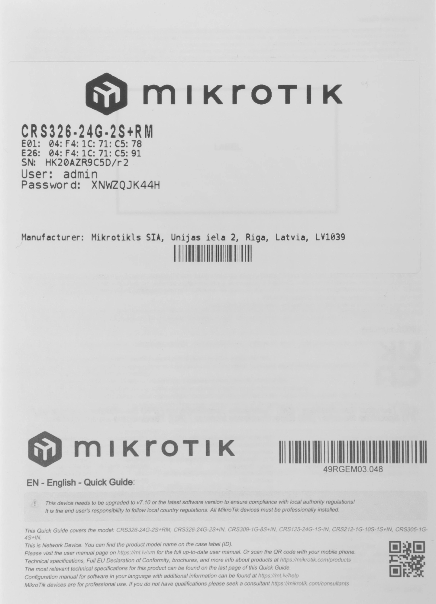 MikroTik CRS326-24G-2S+RM Коммутатор Cloud Router Switch 326-24G-2S+RM with RouterOS L5, 1U rackmount enclosure