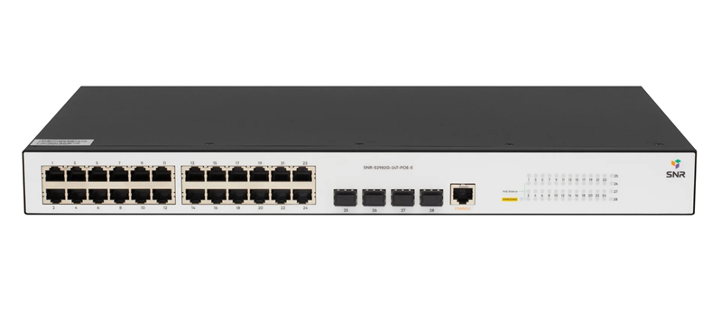 SNR-S2982G-24T-POE-E Управляемый гигабитный PoE коммутатор уровня 2, 24 порта 10/100/1000Base-T с поддержкой PoE, 4 порта 100/1000Base-X (SFP), бюджет PoE 370 Вт, встроенный БП ~220V AC.
