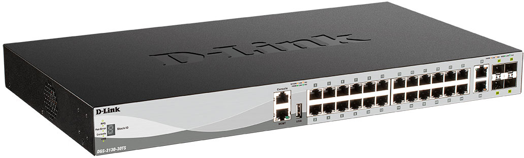 D-Link DGS-3130-30TS/B1A PROJ Управляемый L3 стекируемый коммутатор с 24 портами 10/100/1000Base-T, 2 портами 10GBase-T и 4 портами 10GBase-X SFP+ D-Link DGS-3130-30TS/B1A PROJ Управляемый L3 стекируемый коммутатор с 24 портами 10/100/1000Base-T, 2 портами 10GBase-T и 4 портами 10GBase-X SFP+