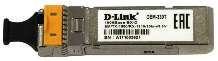 D-Link 330T/10KM/A1A WDM SFP-трансивер с 1 портом 1000Base-BX-D (Tx:1550 нм, Rx:1310 нм) для одномодового оптического кабеля (до 10 км, разъем Simplex LC)