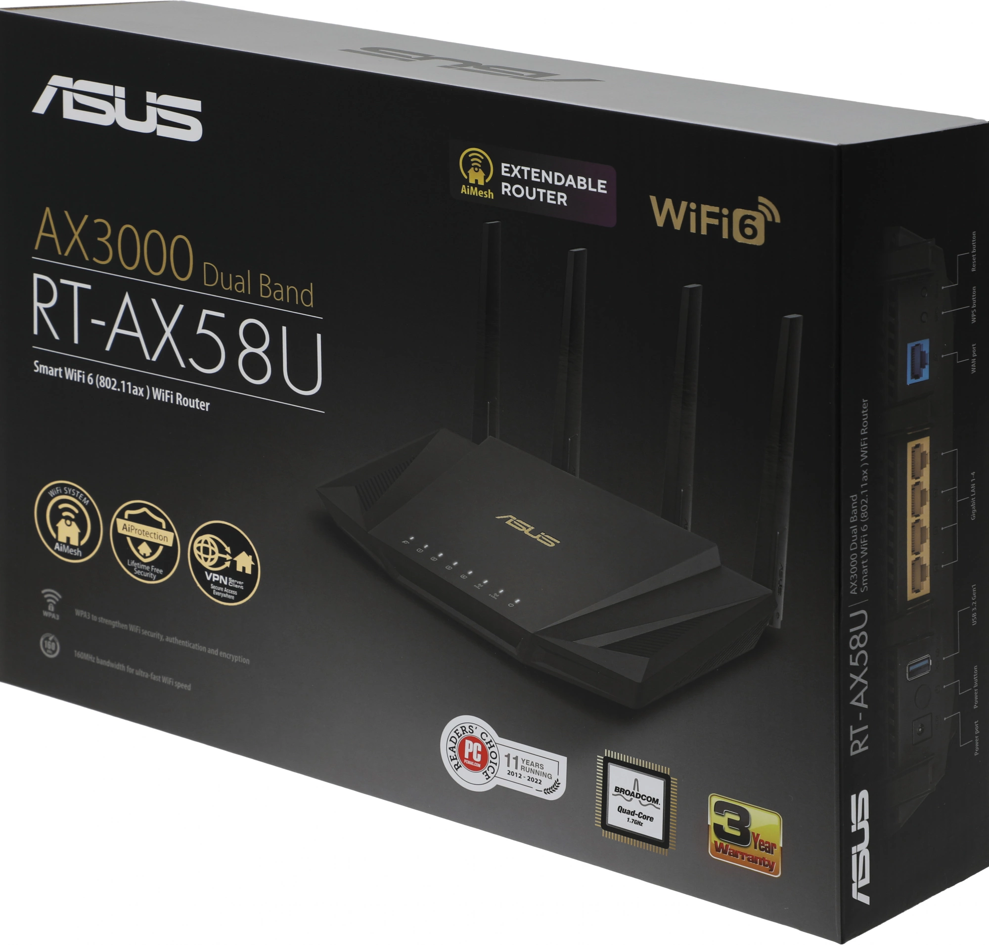 ASUS RT-AX58U Роутер беспроводной4 LAN, 1000 Мбит/с, 4 (802.11n), 5 (802.11ac), 6 (802.11ax), 1 x USB 3.1, 3G, 4G/LTE, IPv6