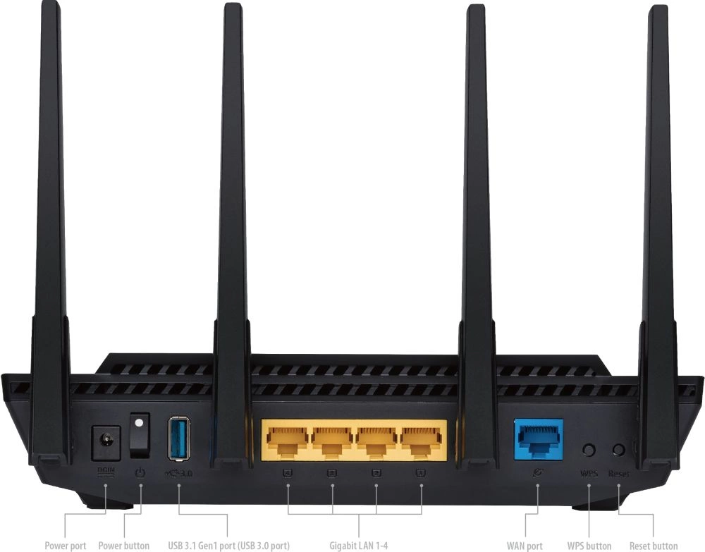 ASUS RT-AX58U Роутер беспроводной4 LAN, 1000 Мбит/с, 4 (802.11n), 5 (802.11ac), 6 (802.11ax), 1 x USB 3.1, 3G, 4G/LTE, IPv6
