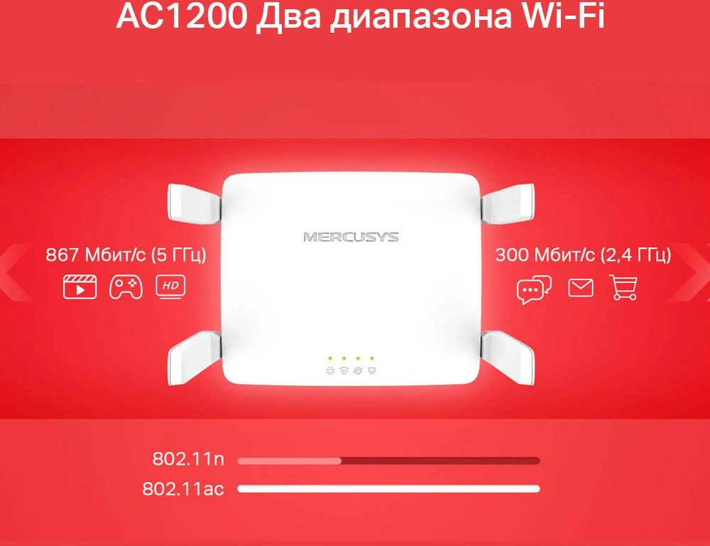Mercusys AC10 Двухдиапазонный роутер Wi-Fi AC1200