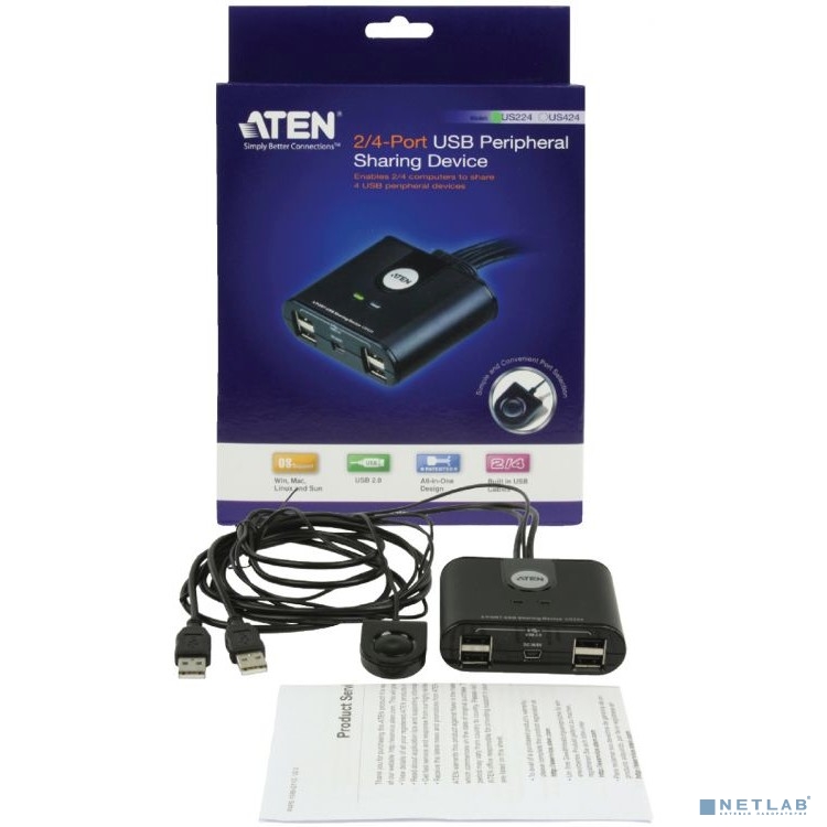 ATEN US224-(AT) Переключатель, электрон., USB, 2 User > 2 устройства + клавиатура + мышь, 2 USB A-тип > 4 USB A-тип, Male > Female, со встроен. шнурами 2х1.2м., (USB 2.0)