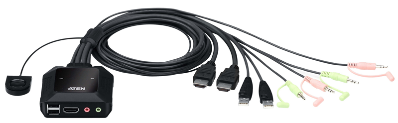 Переключатель Aten CS22H-AT 1 user USB+HDMI+AUDIO => 2 cpu USB+HDMI+AUDIO, со встр.шнурами USB 2x1.2м., 4096x2160 60Hz 4:4:4, настол., ~, без OSD, нек