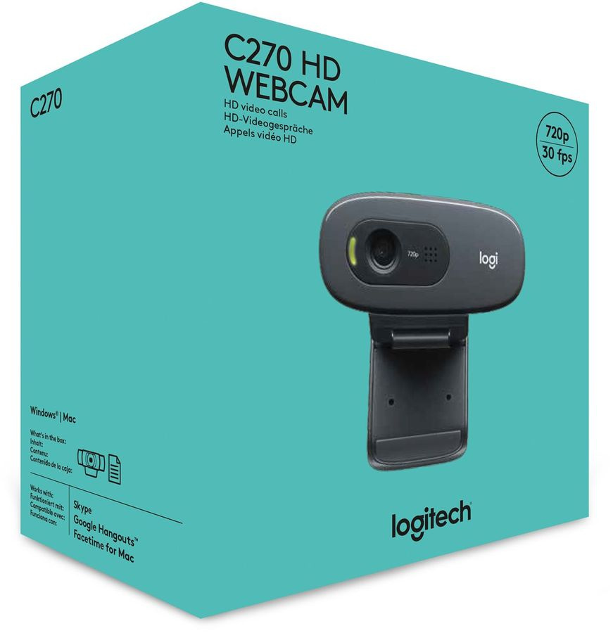 Logitech HD Webcam C270, 960-001063/960-000999 {USB 2.0, 1280*720, 0.9MP разрешение матрицы,3Mpix foto, Mic, Black}