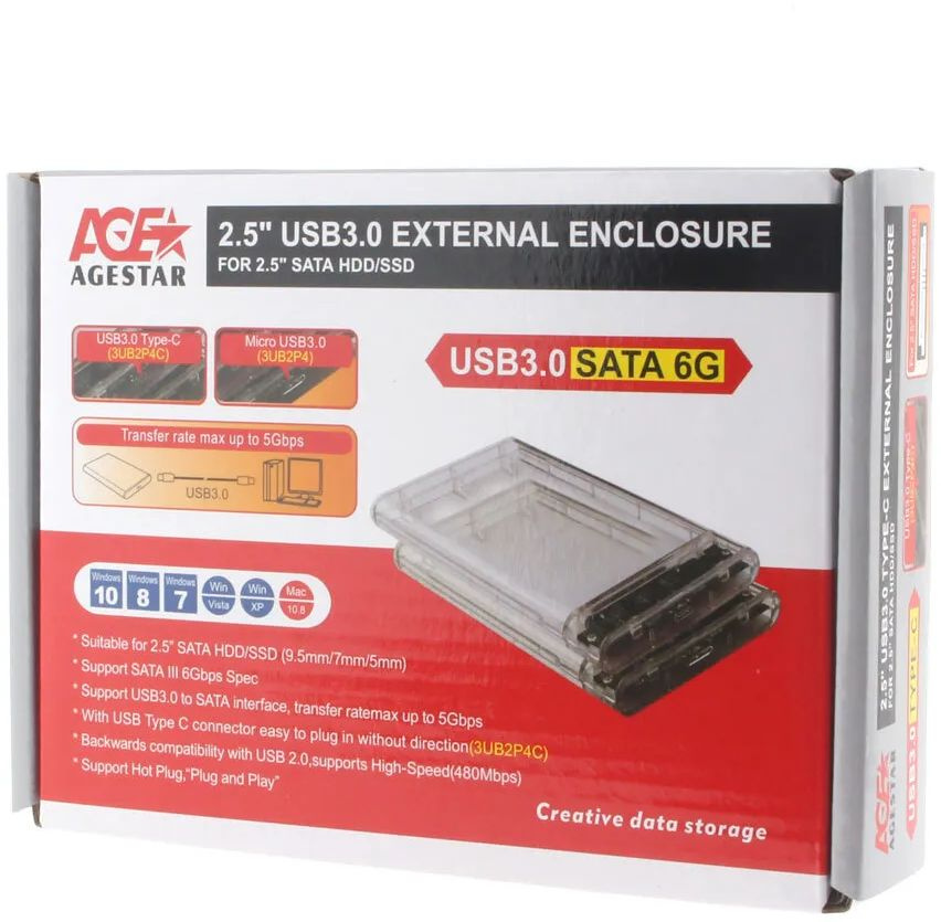 Внешний корпус для HDD/SSD AgeStar 3UB2P4C SATA III пластик прозрачный 2.5&quot;