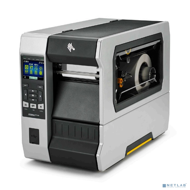Zebra TT ZT610; 4", 203 dpi, Euro and UK cord, Serial, USB, Gigabit Ethernet, Bluetooth 4.0, USB Host, Wireless 802.11 AC Card: Rest of World (ROW), Tear, Color, ZPL