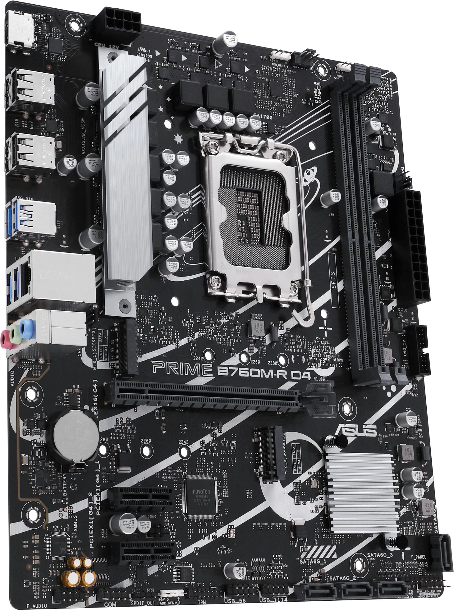 ASUS PRIME B760M-R D4 (Socket 1700, mATX, 2xDDR4(64GB), HDMI 2.1, 1xPCIe 4.0x16/2xPCIe 4.0 x1 , 1xLAN (2.5GbE), 4xSATA 6Gb/s, 2xM.2, 4xUSB 3.2, 4xUSB 2.0)