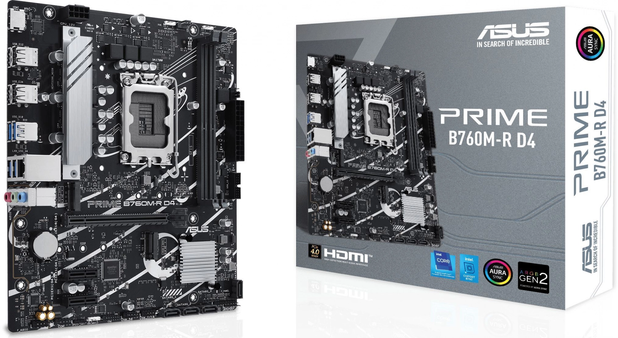 ASUS PRIME B760M-R D4 (Socket 1700, mATX, 2xDDR4(64GB), HDMI 2.1, 1xPCIe 4.0x16/2xPCIe 4.0 x1 , 1xLAN (2.5GbE), 4xSATA 6Gb/s, 2xM.2, 4xUSB 3.2, 4xUSB 2.0)