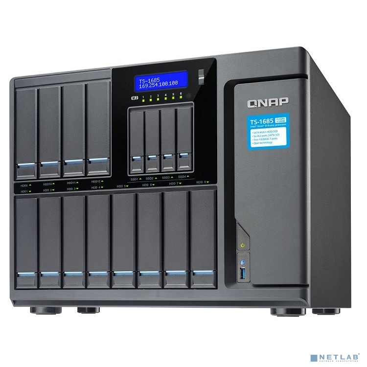 QNAP TS-1685-D1531-16G Сетевое хранилище 16-tray w/o HDD (12 x 2.5"/3.5" and 4 x 2.5" SSD slot), 6xM.2 Slot, 6-core Intel Xeon D-1531, 2.2 GHz, 16GB RAM (8GB UDIMM x 2) up to 128GB (32GBx4) QNAP TS-1685-D1531-16G Сетевое хранилище 16-tray w/o HDD (12 x 2.5"/3.5" and 4 x 2.5" SSD slot), 6xM.2 Slot, 6-core Intel Xeon D-1531, 2.2 GHz, 16GB RAM (8GB UDIMM x 2) up to 128GB (32GBx4)