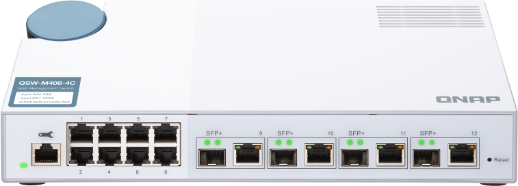 Коммутатор/ QNAP QSW-M408-4C 10 Gbps managed switch with 4 SFP + ports, combined with RJ-45, 8 1 Gbps RJ-45 ports, bandwidth up to 96 Gbps, JumboFrame support.