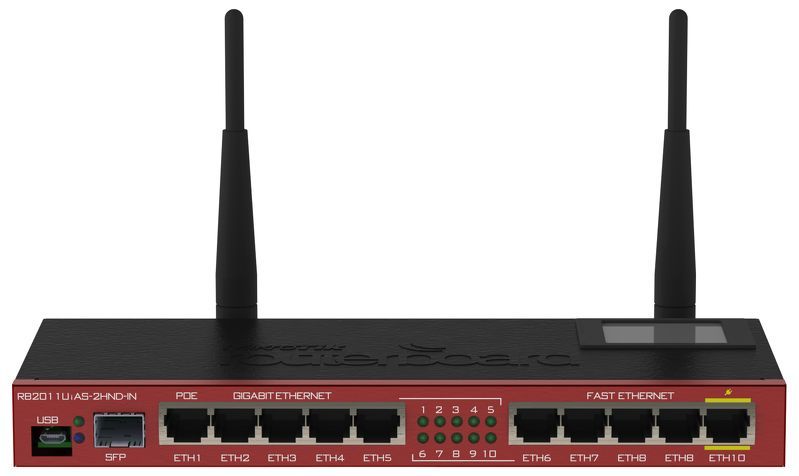 MikroTik RB2011UiAS-2HnD-IN Беспроводной маршрутизатор  2.4 ГГц, 802.11b/g/n, MIMO 2x2, 5х Gigabit Ethernet, 5x Ethernet, 1x SFP