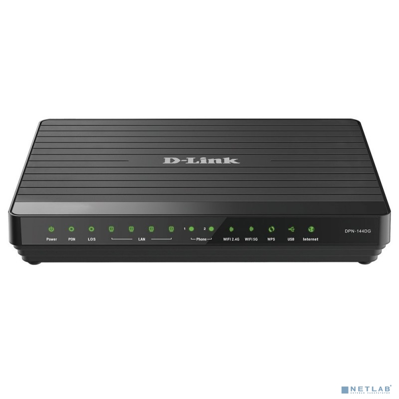 D-Link DPN-144DG/2S1U/A1A Двухдиапазонный беспроводной абонентский голосовой шлюз GPON ONT с 1 GPON-портом, 4 портами 10/100/1000Base-T, 2 FXS-портами, 1 USB-портом и поддержкой AC1200