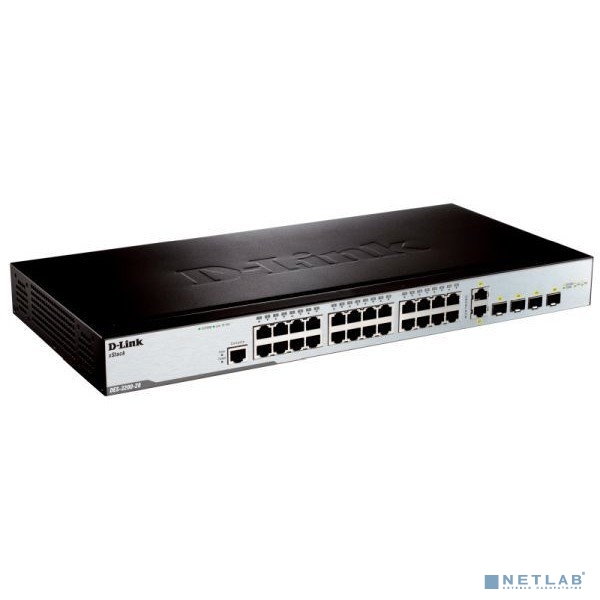 D-Link DES-3200-28_RFB/B1 Восстановленный в производственных условиях управляемый L2 коммутатор с 24 портами 10/100Base-TX, 2 портами 100/1000Base-X SFP и 2 комбо-портами 100/1000Base-T/SFP.