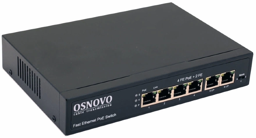 Коммутатор/ OSNOVO PoE коммутатор 6 портов, 4 PoE порта 10/100 Base-T, 2*10/100 Base-T Uplink, до 30W на порт, суммарно до 80W (SW-20600(80W))