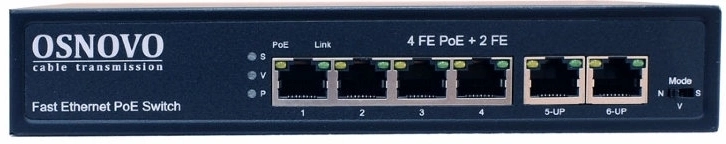 Коммутатор/ OSNOVO PoE коммутатор 6 портов, 4 PoE порта 10/100 Base-T, 2*10/100 Base-T Uplink, до 30W на порт, суммарно до 80W (SW-20600(80W))