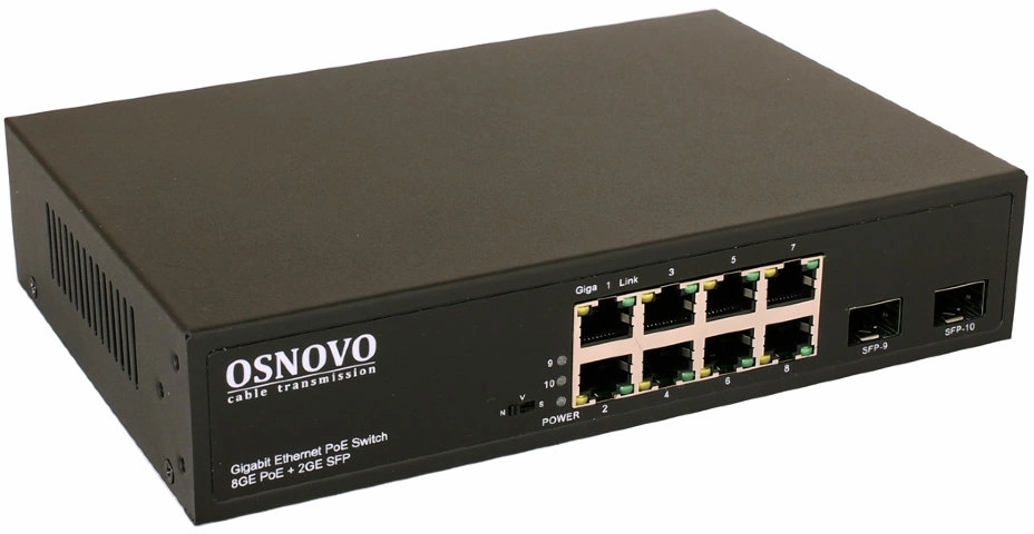 Коммутатор/ OSNOVO Гигабитный PoE коммутатор на 10 портов, 8 *10/100/1000 Base-T PoE, 2*SFP 1000 Base-T, PoE на порт до 30W, суммарно до 150W