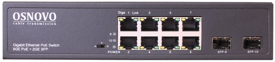 Коммутатор/ OSNOVO Гигабитный PoE коммутатор на 10 портов, 8 *10/100/1000 Base-T PoE, 2*SFP 1000 Base-T, PoE на порт до 30W, суммарно до 150W
