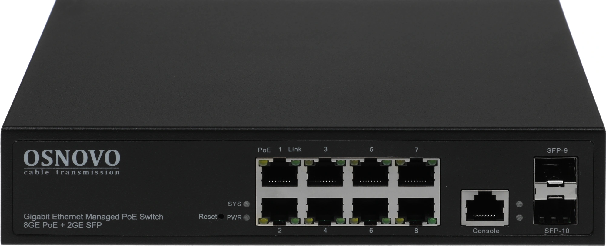 Коммутатор/ OSNOVO Гигабитный L2 PoE коммутатор на 10 портов, 8 *10/100/1000 Base-T PoE, 2*SFP 1000 Base-T, PoE на порт до 30W, суммарно до 150W (SW-80802/L(150W))