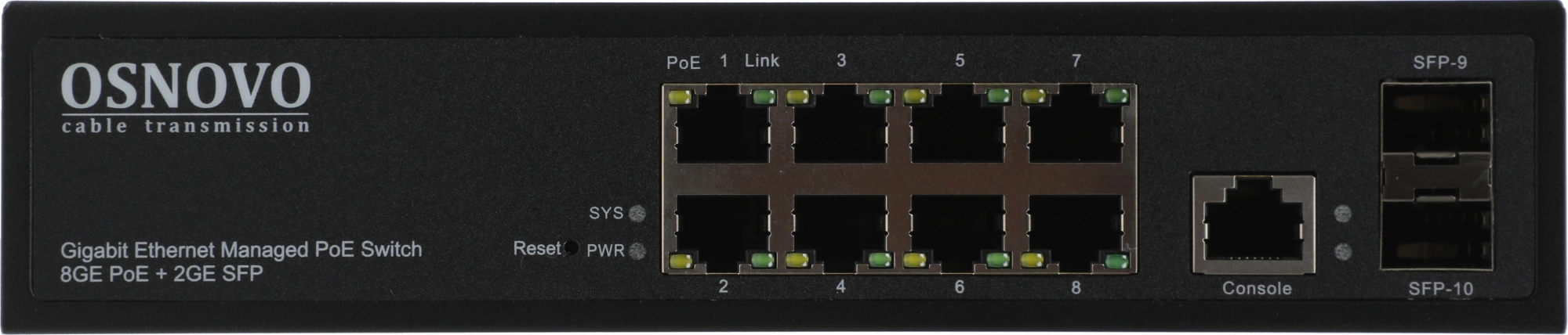 Коммутатор/ OSNOVO Гигабитный L2 PoE коммутатор на 10 портов, 8 *10/100/1000 Base-T PoE, 2*SFP 1000 Base-T, PoE на порт до 30W, суммарно до 150W (SW-80802/L(150W))