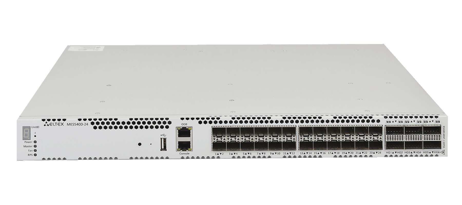 ELTEX MES5400-24 Ethernet-коммутатор 1x10/100/1000BASE-T (OOB), 24x1000BASE-X (SFP)/10GBASE-R (SFP+), 6x40GBASE-R (QSFP+) / 100GBASE-R (QSFP28), 1xUSB 2.0, коммутатор L3, 2 слота для модул