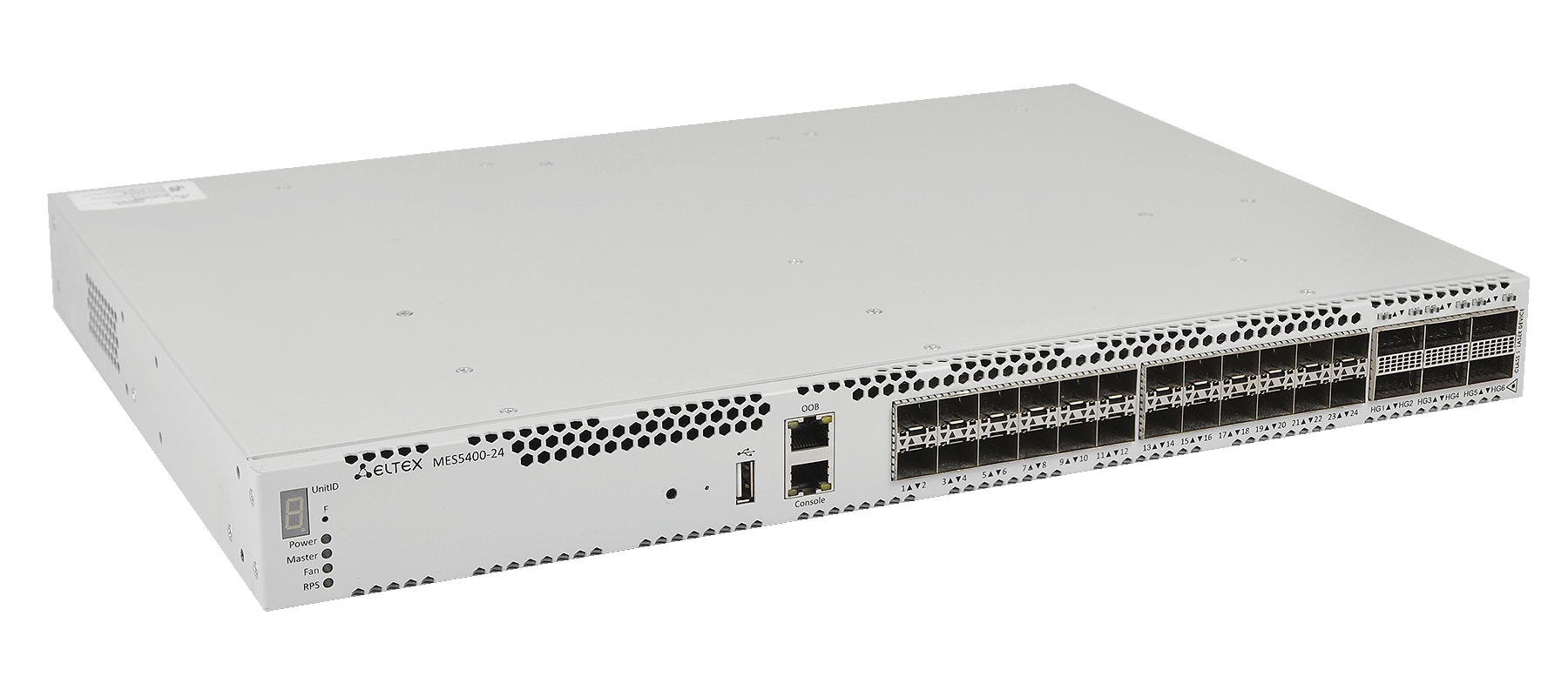 ELTEX MES5400-24 Ethernet-коммутатор 1x10/100/1000BASE-T (OOB), 24x1000BASE-X (SFP)/10GBASE-R (SFP+), 6x40GBASE-R (QSFP+) / 100GBASE-R (QSFP28), 1xUSB 2.0, коммутатор L3, 2 слота для модул
