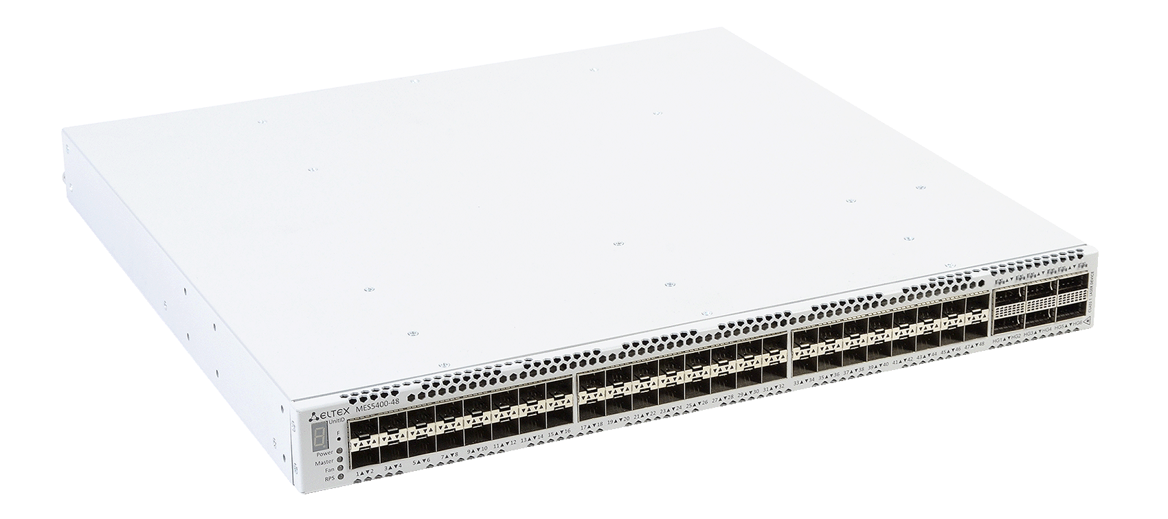 ELTEX MES5400-48 Ethernet-коммутатор 1x10/100/1000BASE-T (OOB), 48x1000BASE-X(SFP)/10GBASE-R (SFP+),6x40GBASE-R (QSFP+) /100GBASE-R (QSFP28), 1xUSB 2.0, коммутатор L3, 2 слота для модулей питания ELTEX MES5400-48 Ethernet-коммутатор 1x10/100/1000BASE-T (OOB), 48x1000BASE-X(SFP)/10GBASE-R (SFP+),6x40GBASE-R (QSFP+) /100GBASE-R (QSFP28), 1xUSB 2.0, коммутатор L3, 2 слота для модулей питания