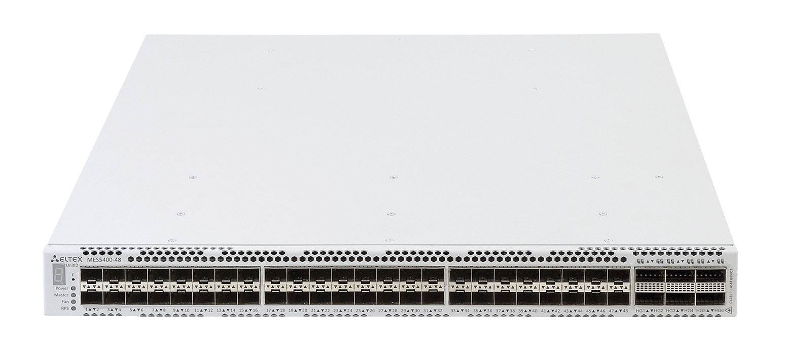 ELTEX MES5400-48 Ethernet-коммутатор 1x10/100/1000BASE-T (OOB), 48x1000BASE-X(SFP)/10GBASE-R (SFP+),6x40GBASE-R (QSFP+) /100GBASE-R (QSFP28), 1xUSB 2.0, коммутатор L3, 2 слота для модулей питания ELTEX MES5400-48 Ethernet-коммутатор 1x10/100/1000BASE-T (OOB), 48x1000BASE-X(SFP)/10GBASE-R (SFP+),6x40GBASE-R (QSFP+) /100GBASE-R (QSFP28), 1xUSB 2.0, коммутатор L3, 2 слота для модулей питания
