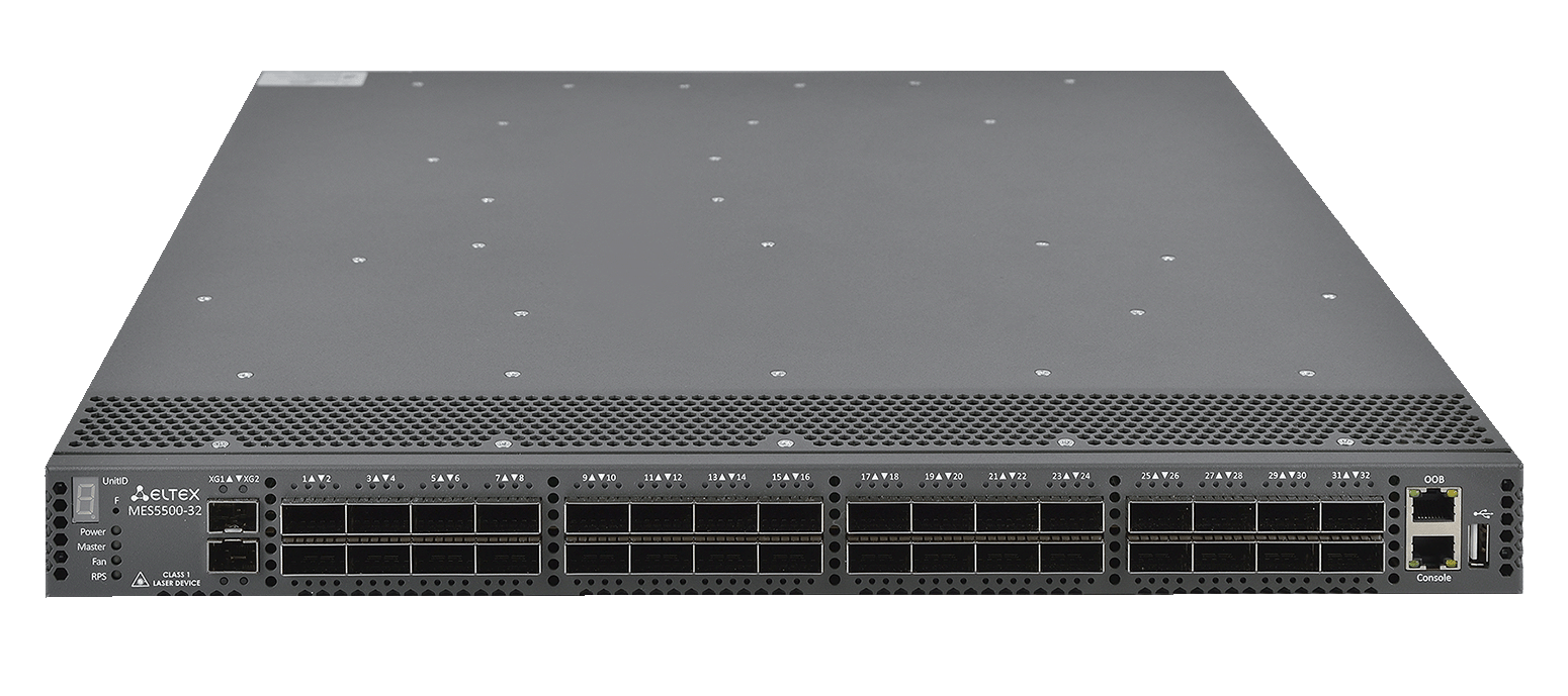 ELTEX MES5500-32 Ethernet-коммутатор 1x10/100/1000BASE-T (OOB), 2x10GBASE-R (SFP+), 32 x 40GBASE-R (QSFP+)/100GBASE-R (QSFP28), 1xUSB 2.0, коммутатор L3, 2 слота для модулей питания ELTEX MES5500-32 Ethernet-коммутатор 1x10/100/1000BASE-T (OOB), 2x10GBASE-R (SFP+), 32 x 40GBASE-R (QSFP+)/100GBASE-R (QSFP28), 1xUSB 2.0, коммутатор L3, 2 слота для модулей питания