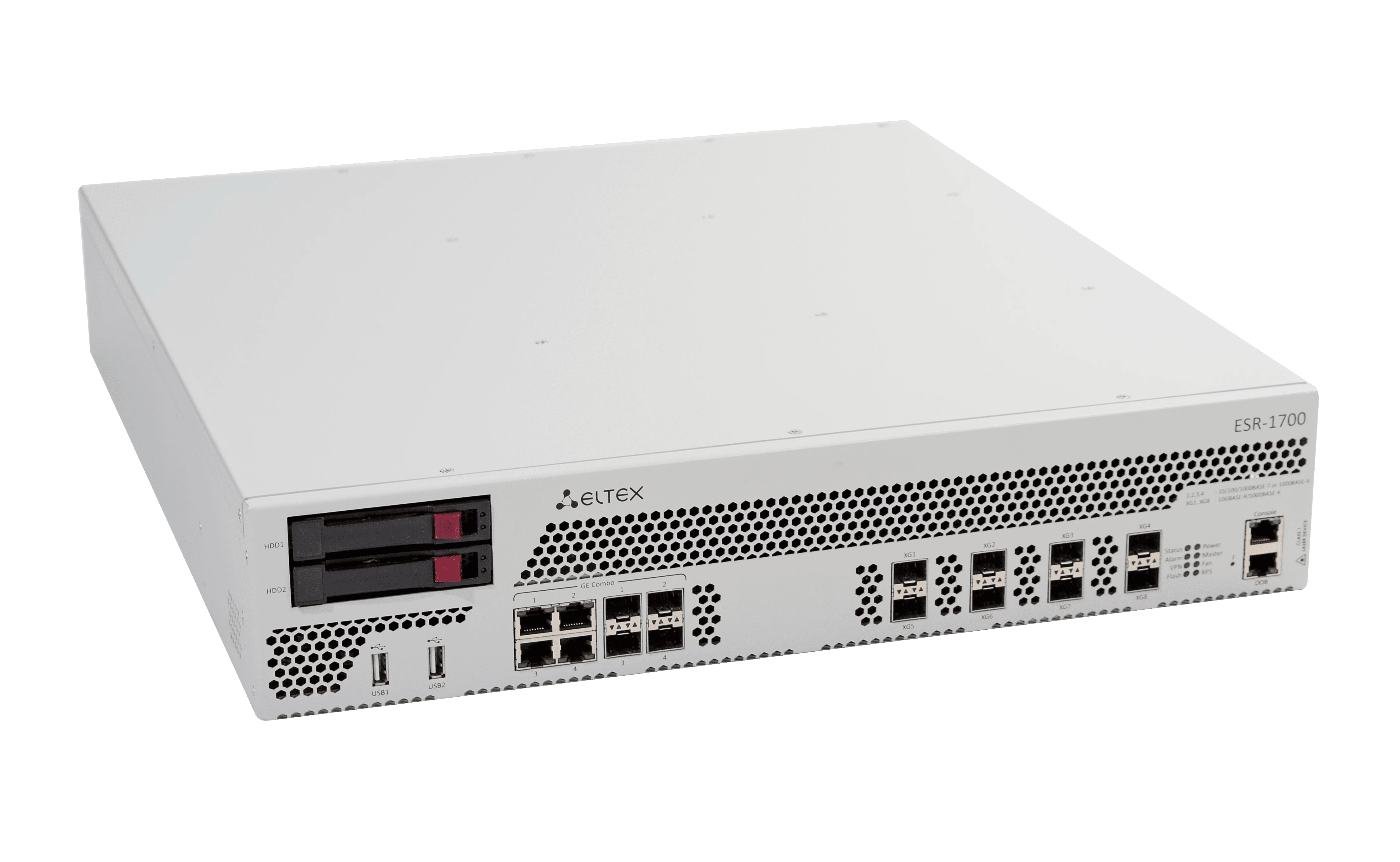 ELTEX ESR-1700 Сервисный маршрутизатор 4х combo 10/100/1000BASE-T/1000Base-X, 8х 10GBASE-R SFP+, 2x USB 2.0, 32GB RAM, 1 GB Flash, 2 слота для модулей питания