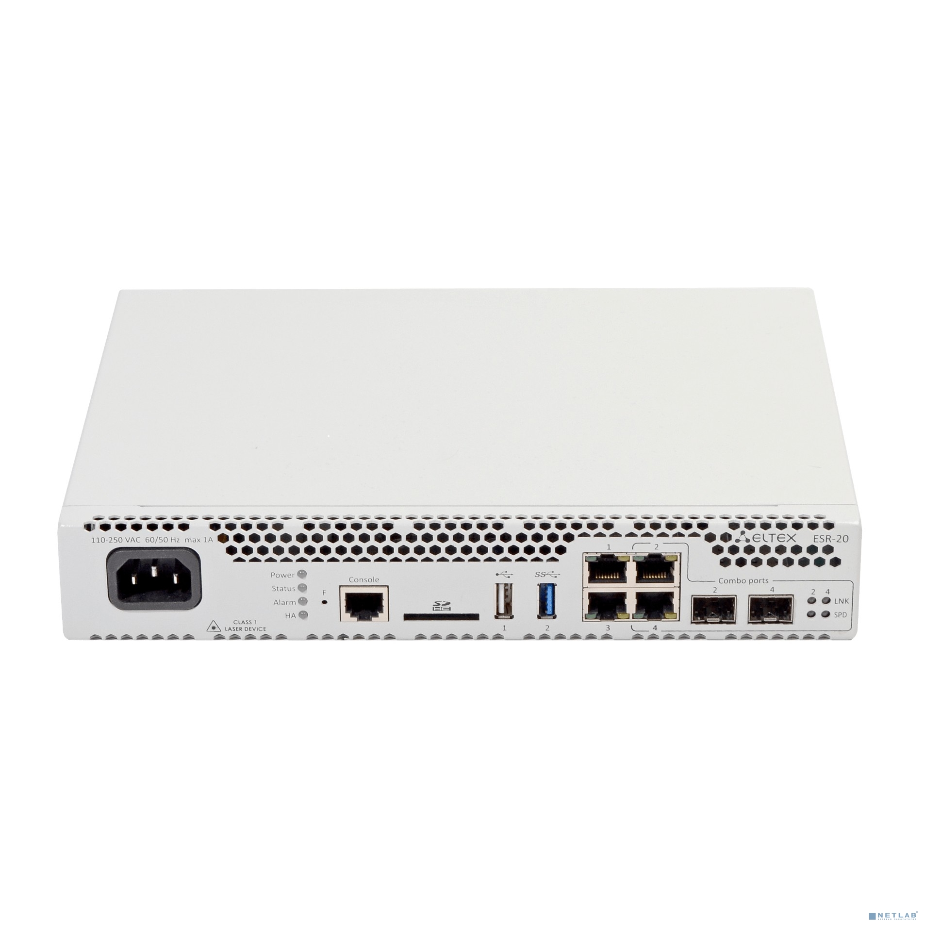 ELTEX ESR-20 Сервисный маршрутизатор 2 х 10/100/1000BASE-T, 2 x Combo 10/100/1000BASE-T/1000BASE-X SFP, 1 x USB 2.0, 1 x USB 3.0, 1 слот для SD-карт, Console, 4ГБ RAM, 4ГБ Flash, встроенный мо