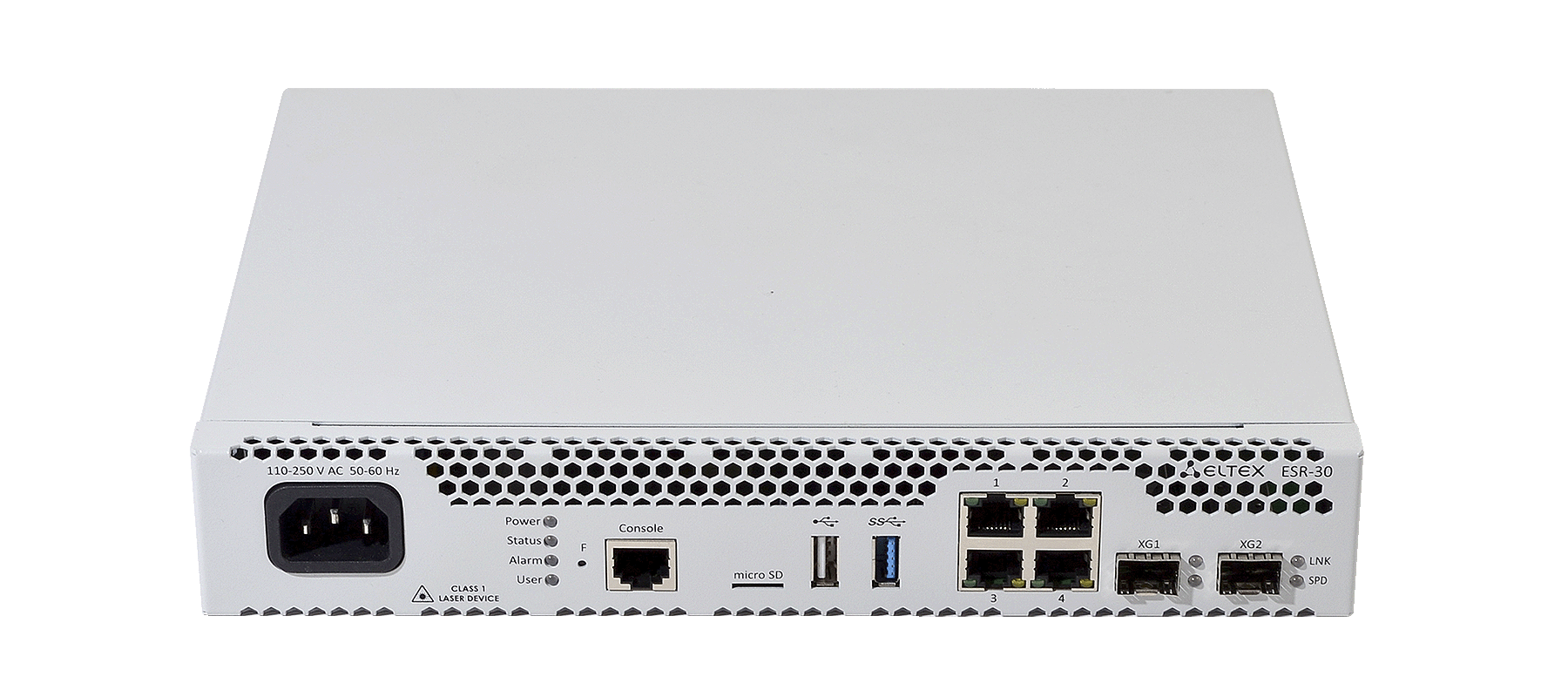 ELTEX ESR-30 Маршрутизатор ESR-30, 4x10/100/1000BASE-T, 2x10GBASE-R SFP+, 1xConsole (RJ-45), 1xUSB 2.0, 1xUSB 3.0, 1 слот для micro-SD карт, 4 Гб RAM, 8 Гб Flash, 100–264 В АС ELTEX ESR-30 Маршрутизатор ESR-30, 4x10/100/1000BASE-T, 2x10GBASE-R SFP+, 1xConsole (RJ-45), 1xUSB 2.0, 1xUSB 3.0, 1 слот для micro-SD карт, 4 Гб RAM, 8 Гб Flash, 100–264 В АС