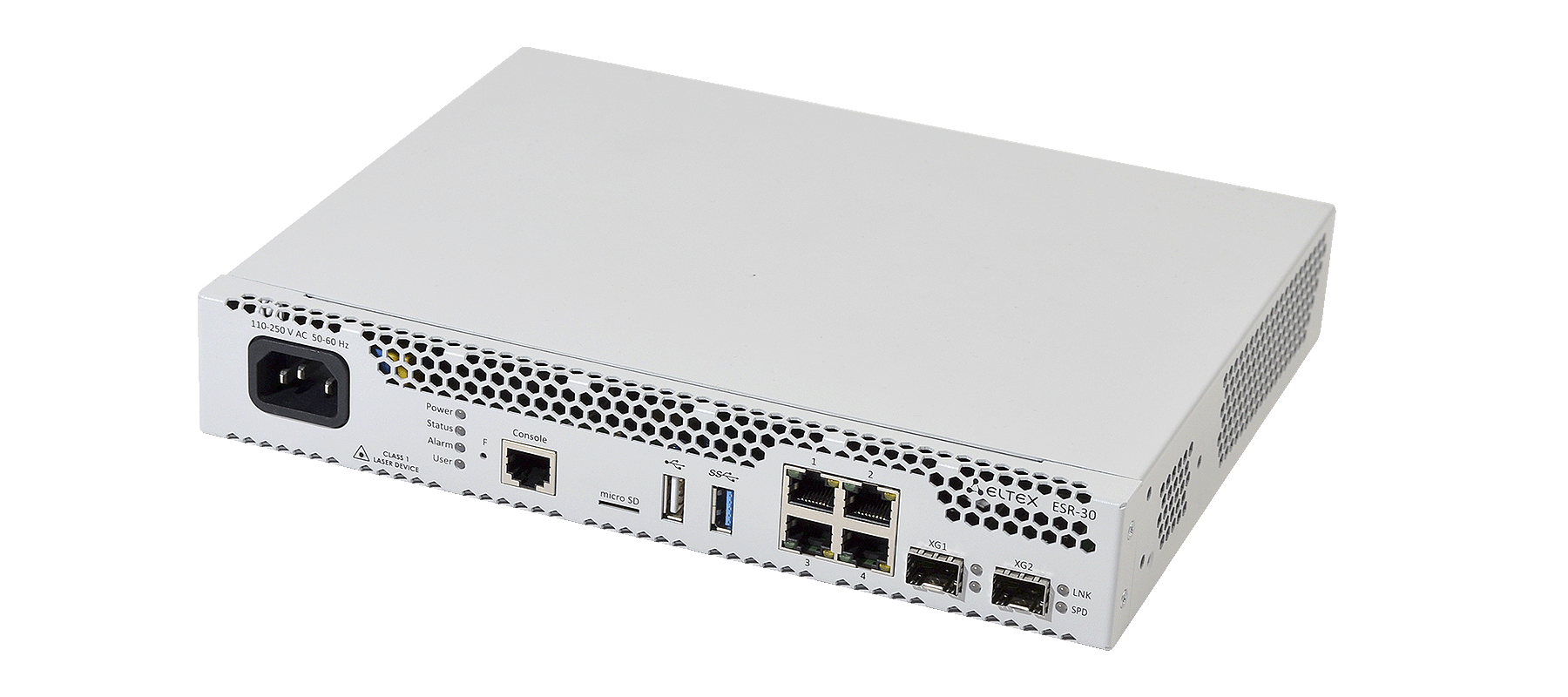 ELTEX ESR-30 Маршрутизатор ESR-30, 4x10/100/1000BASE-T, 2x10GBASE-R SFP+, 1xConsole (RJ-45), 1xUSB 2.0, 1xUSB 3.0, 1 слот для micro-SD карт, 4 Гб RAM, 8 Гб Flash, 100–264 В АС ELTEX ESR-30 Маршрутизатор ESR-30, 4x10/100/1000BASE-T, 2x10GBASE-R SFP+, 1xConsole (RJ-45), 1xUSB 2.0, 1xUSB 3.0, 1 слот для micro-SD карт, 4 Гб RAM, 8 Гб Flash, 100–264 В АС
