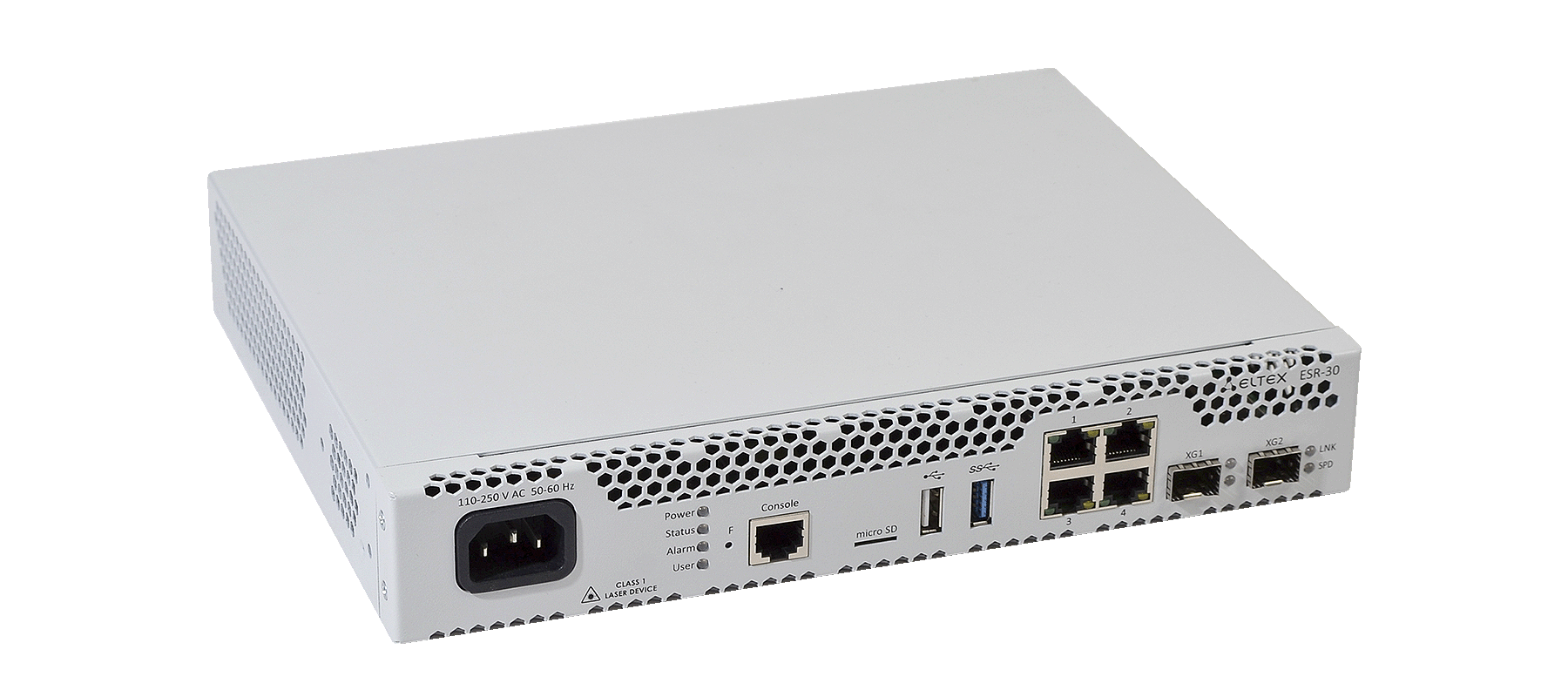 ELTEX ESR-30 Маршрутизатор ESR-30, 4x10/100/1000BASE-T, 2x10GBASE-R SFP+, 1xConsole (RJ-45), 1xUSB 2.0, 1xUSB 3.0, 1 слот для micro-SD карт, 4 Гб RAM, 8 Гб Flash, 100–264 В АС ELTEX ESR-30 Маршрутизатор ESR-30, 4x10/100/1000BASE-T, 2x10GBASE-R SFP+, 1xConsole (RJ-45), 1xUSB 2.0, 1xUSB 3.0, 1 слот для micro-SD карт, 4 Гб RAM, 8 Гб Flash, 100–264 В АС