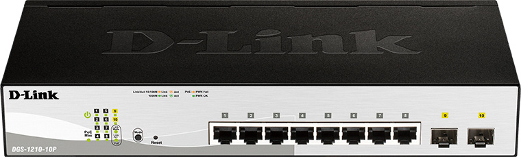 D-Link DGS-1210-10P/F3A Управляемый L2 коммутатор с 8 портами 10/100/1000Base-T и 2 портами 1000Base-X SFP (8 портов PoE 802.3af/at, PoE-бюджет 65 Вт)