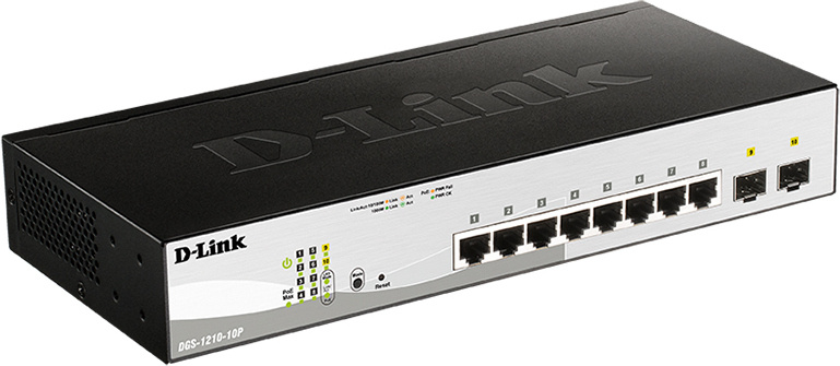D-Link DGS-1210-10P/F3A Управляемый L2 коммутатор с 8 портами 10/100/1000Base-T и 2 портами 1000Base-X SFP (8 портов PoE 802.3af/at, PoE-бюджет 65 Вт)