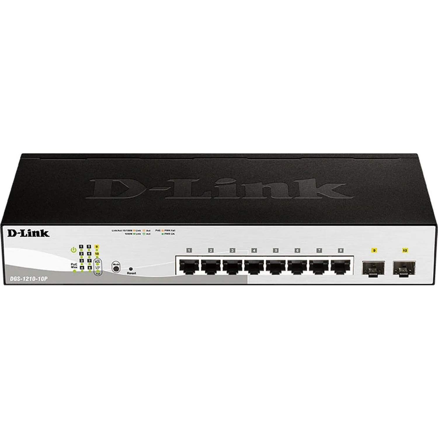D-Link DGS-1210-10P/F3A Управляемый L2 коммутатор с 8 портами 10/100/1000Base-T и 2 портами 1000Base-X SFP (8 портов PoE 802.3af/at, PoE-бюджет 65 Вт)