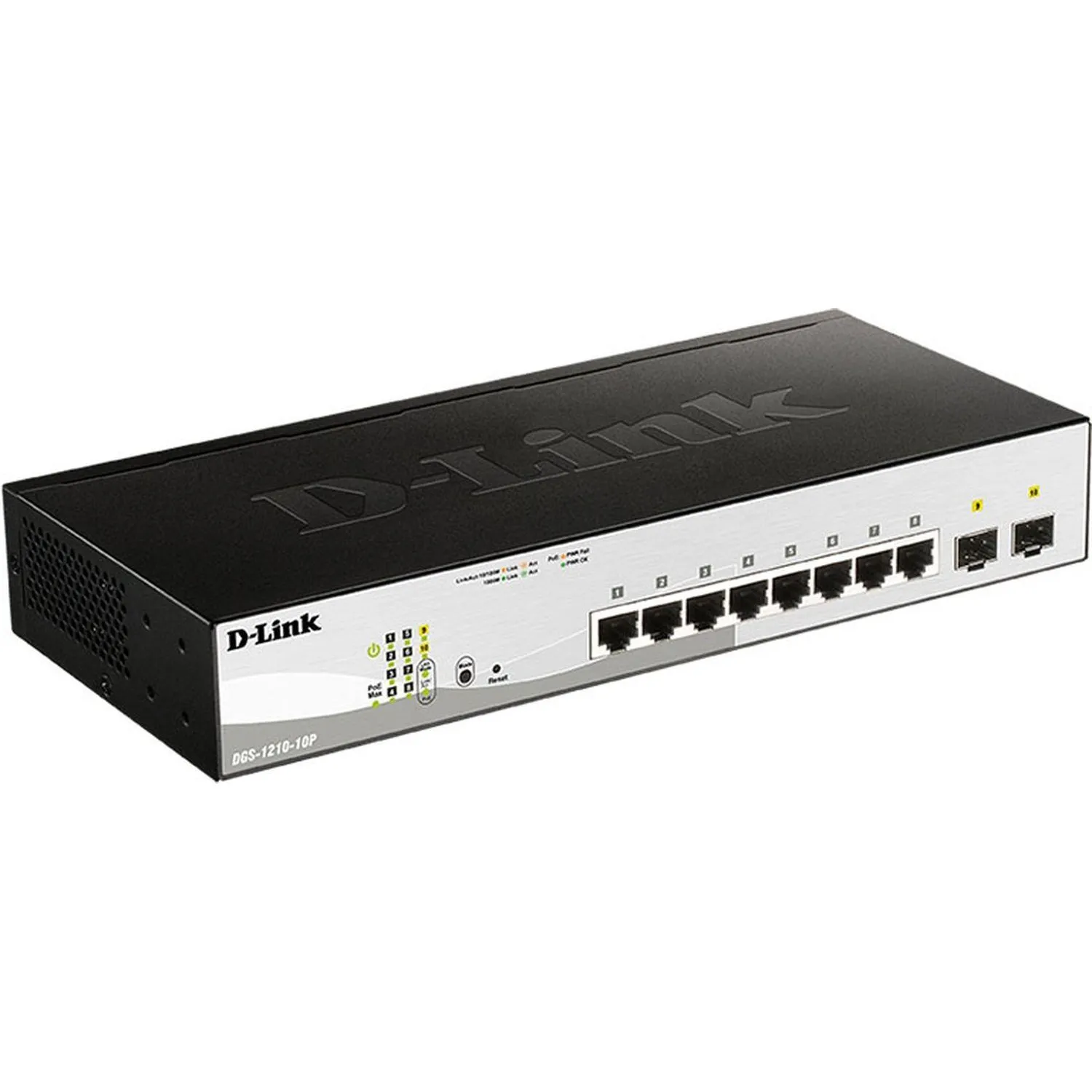 D-Link DGS-1210-10P/F3A Управляемый L2 коммутатор с 8 портами 10/100/1000Base-T и 2 портами 1000Base-X SFP (8 портов PoE 802.3af/at, PoE-бюджет 65 Вт)