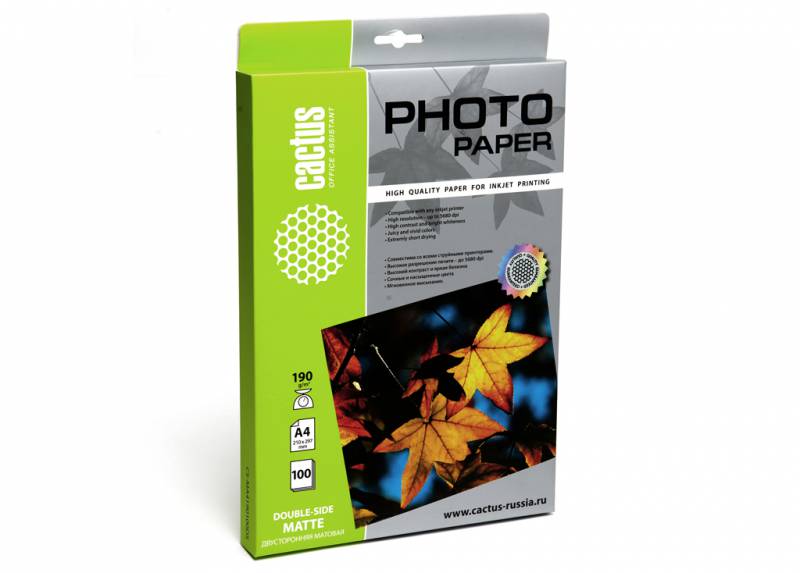 CS-MA4190100DS Фотобумага Cactus CS-MA4190100DS матовая двусторонняя, A4, 190 г/м2, 100 листов CS-MA4190100DS Фотобумага Cactus CS-MA4190100DS матовая двусторонняя, A4, 190 г/м2, 100 листов