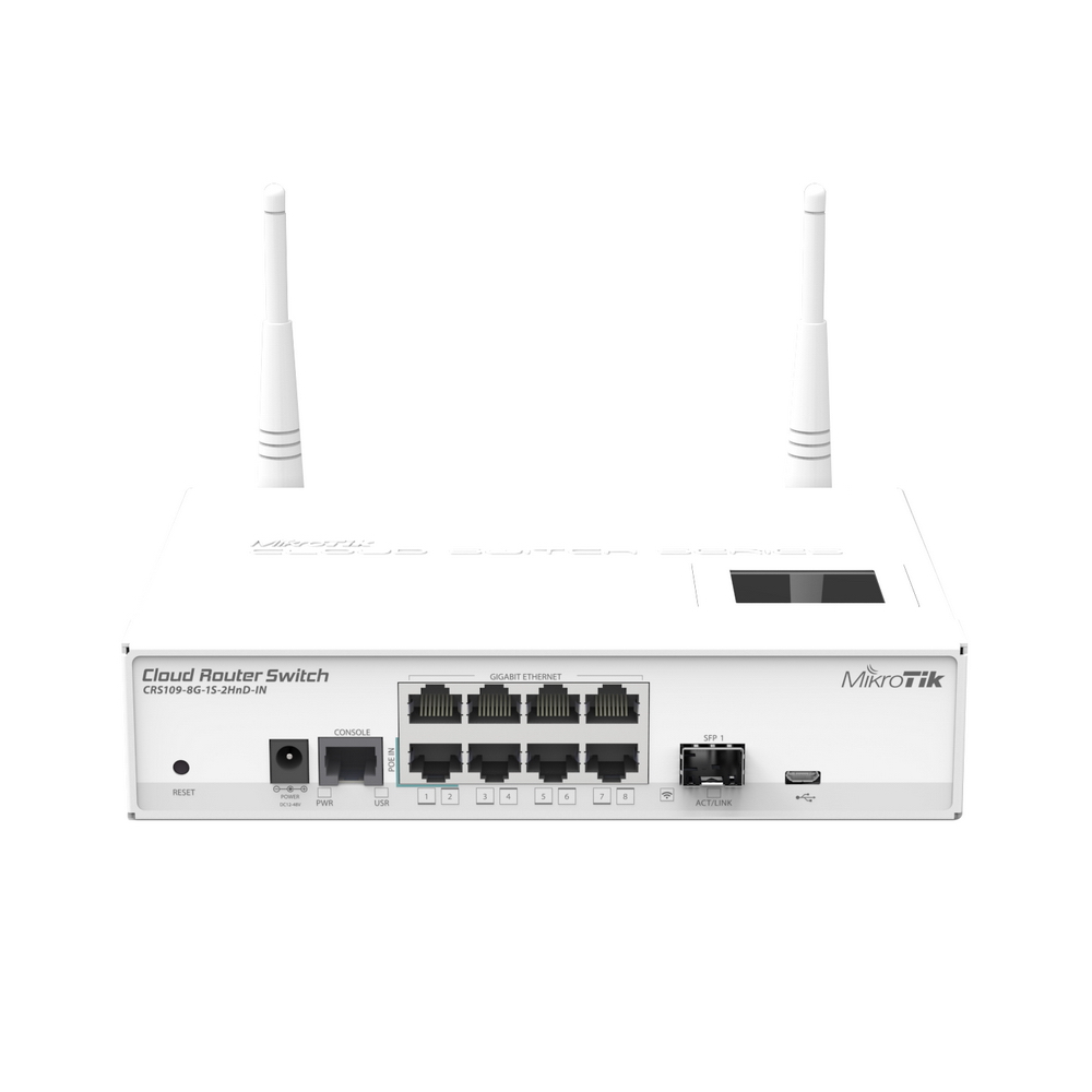 MikroTik CRS109-8G-1S-2HnD-IN Коммутатор Cloud Router Switch 8x Gigabit Smart Switch, 1x SFP cage, LCD, 1000mW 802.11b/g/n Dual Chain wireless, 600MHz CPU, 128MB RAM