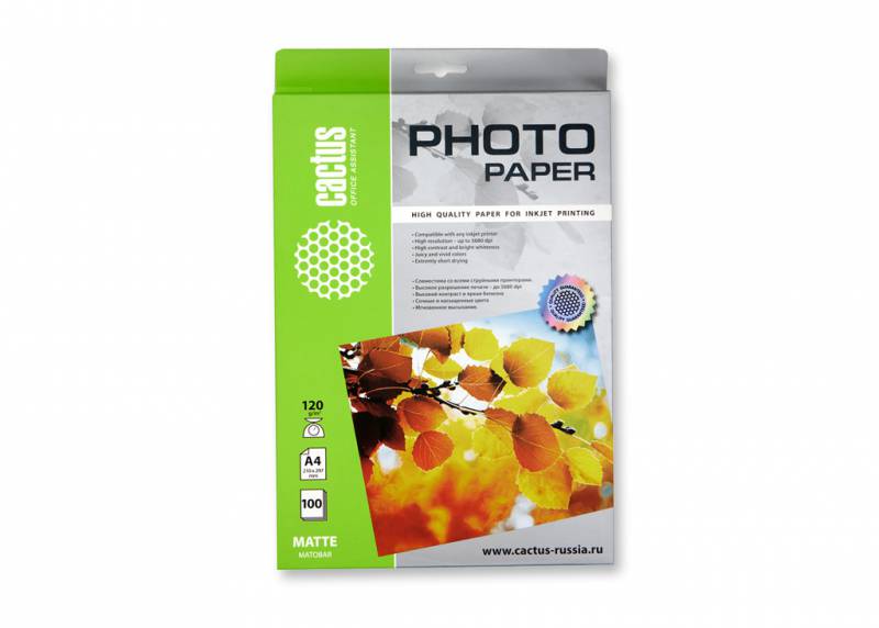 Cactus CS-MA4120100 Фотобумага A4/120г/м2/100л. матовая для струйной печати Cactus CS-MA4120100 Фотобумага A4/120г/м2/100л. матовая для струйной печати