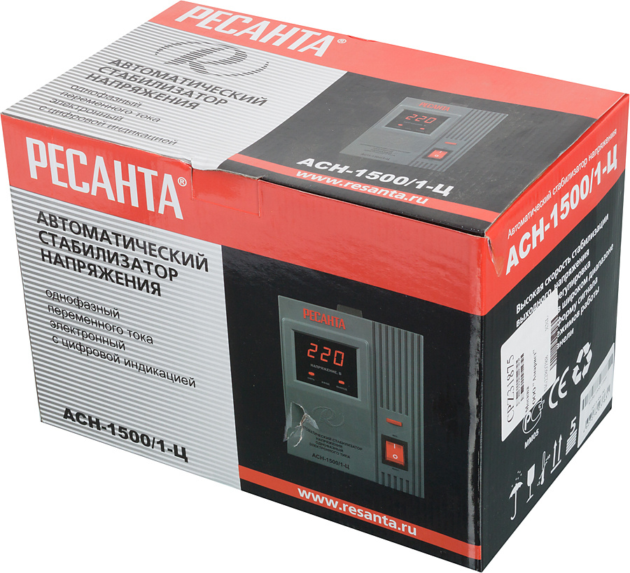 Ресанта АСН-1 500/1-Ц 63/6/3 Стабилизатор {220В±8%, Габариты 237х140х170, Вес 4,5 кг}
