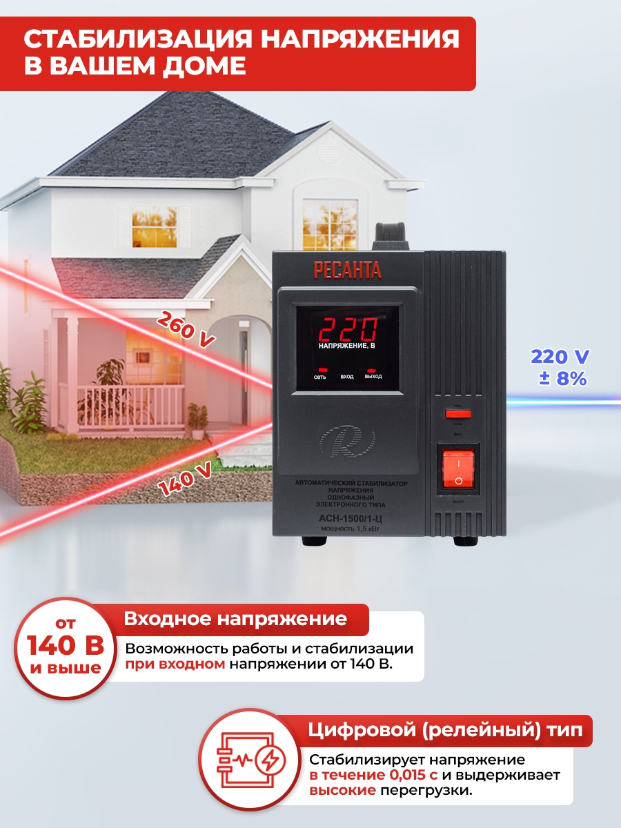 Ресанта АСН-1 500/1-Ц 63/6/3 Стабилизатор {220В±8%, Габариты 237х140х170, Вес 4,5 кг}