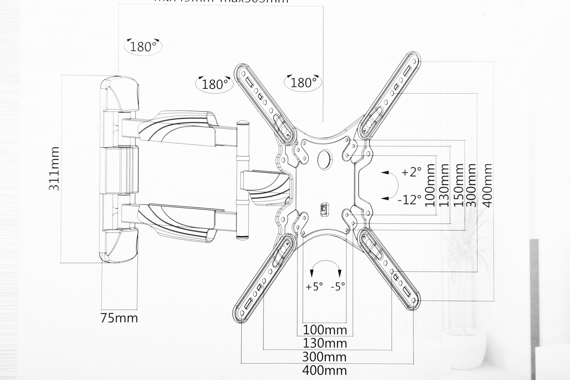 Крепление Ultramounts UM871 {Для использования с телевизорами диагональю 23"-55", весом до 35кг. Возможен наклон до 12 градусов и подъем до 2 градусов Поворот влево и вправо на 90 градусов. Расстояние