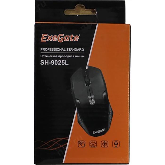 Exegate EX264097RUS Мышь Exegate SH-9025L &lt;black, optical,  3btn/scroll, 1000dpi, USB, шнур 2м&gt;, Color box