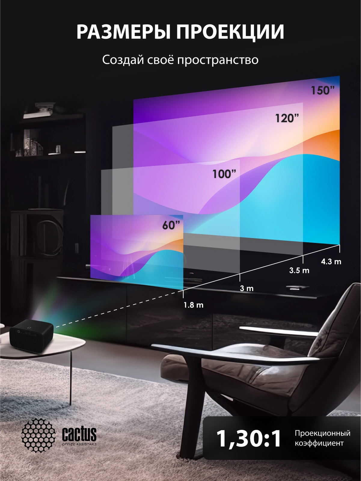 Cactus CS-PRC.05B Проектор {Full HD-A LCD 7200Lm LS 720Lm ANSI 1000:1 (50000час) 2xUSB typeA 2xHDMI} (CS-PRC.05B.WUXGA-A)