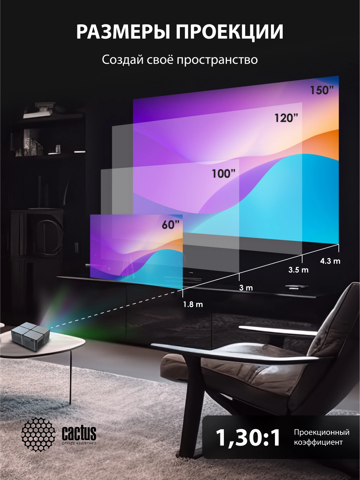 Cactus CS-PRO.03B Проектор {Full HD-A LCD 7200Lm LS 720Lm ANSI 2300:1 (30000час) 2xUSB typeA 3xHDMI} (CS-PRO.03B.WUXGA-A)